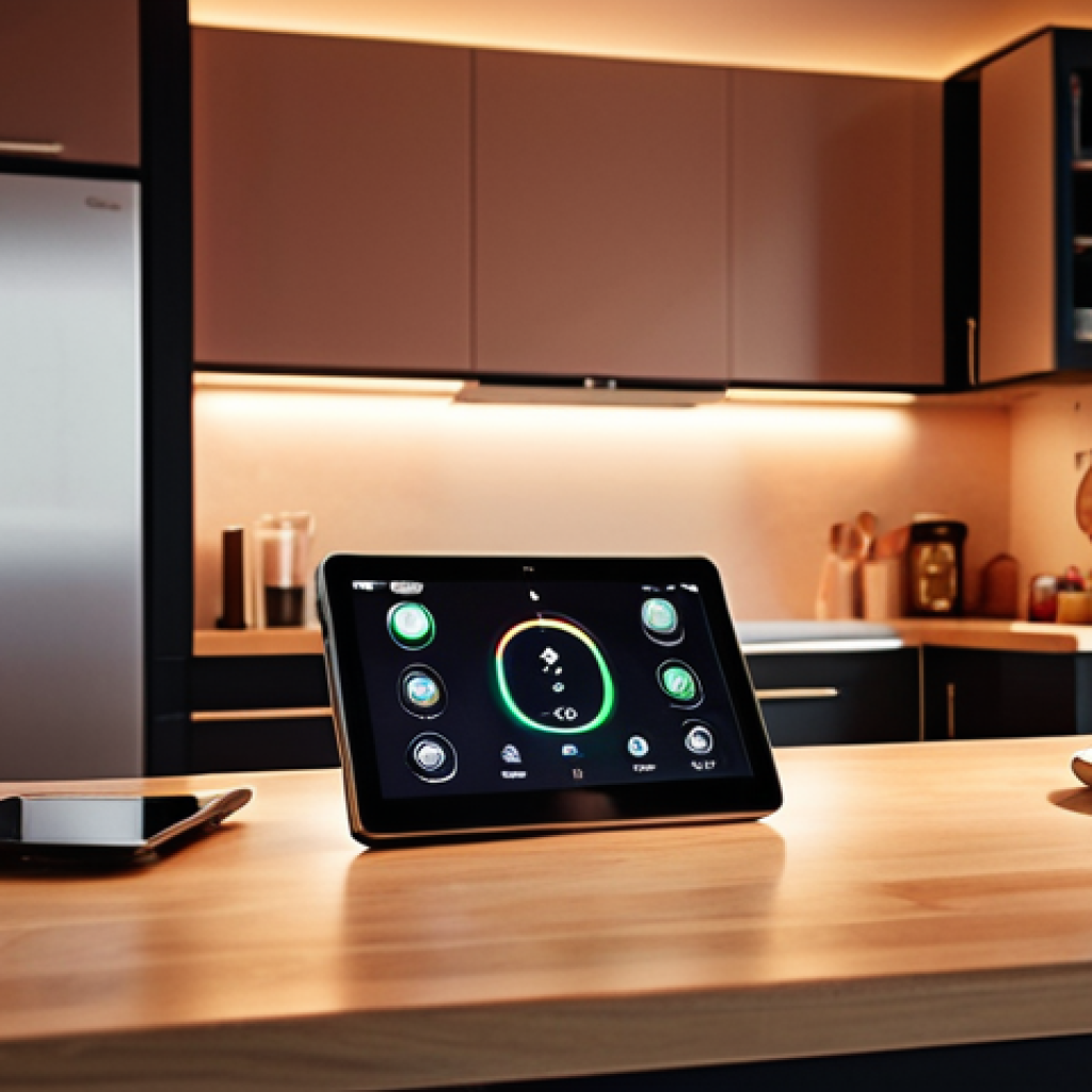 **

A cozy, modern home interior. Focus on the kitchen, showcasing smart home integration: a smart thermostat, automated lights, and a tablet displaying home security camera footage. Warm lighting, inviting atmosphere.

**