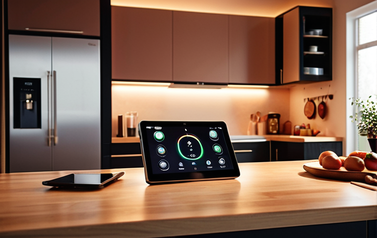 **
A cozy, modern home interior. Focus on the kitchen, showcasing smart home integration: a smart thermostat, automated lights, and a tablet displaying home security camera footage. Warm lighting, inviting atmosphere.
**