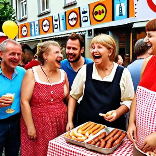 **A group of diverse neighbors gathered at a lively "Straßenfest" (street party) in Germany.** Capture the spirit of community with laughter, food stalls featuring local delicacies like bratwurst and pretzels, and traditional German decorations. Show people of different ages and backgrounds enjoying themselves, fostering a sense of togetherness.