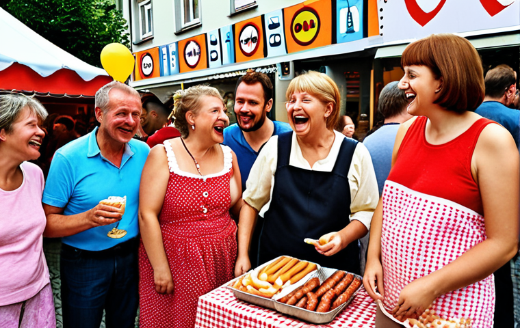 **A group of diverse neighbors gathered at a lively "Straßenfest" (street party) in Germany.** Capture the spirit of community with laughter, food stalls featuring local delicacies like bratwurst and pretzels, and traditional German decorations. Show people of different ages and backgrounds enjoying themselves, fostering a sense of togetherness.