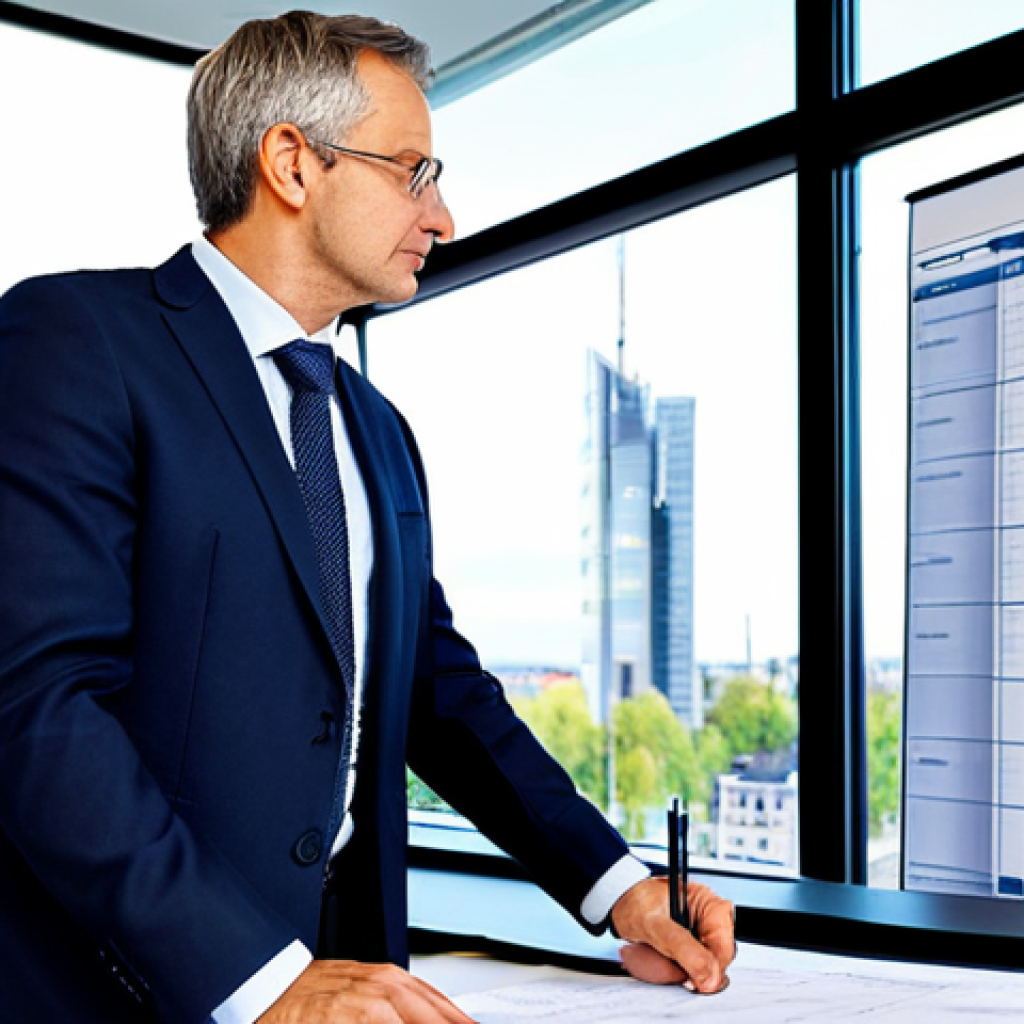 A professional German financial advisor, a man in his mid-40s, wearing a modest business suit, stands in a bright, modern office. He points with a pen at a large, clear screen displaying a detailed real estate financial projection chart, showing various cost categories like "Grunderwerbsteuer," "Notarkosten," and "Renovierungspuffer." Stacks of professional documents are neatly arranged on a clean desk. The background features a subtle, blurred German city skyline through a large window. High-resolution, professional photography, natural lighting, sharp focus, fully clothed, appropriate attire, safe for work, professional, perfect anatomy, correct proportions, natural pose, well-formed hands, proper finger count, natural body proportions.