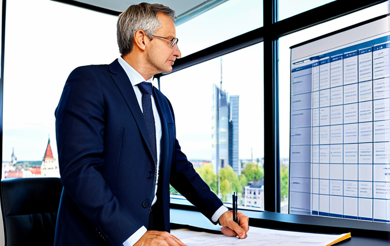 A professional German financial advisor, a man in his mid-40s, wearing a modest business suit, stands in a bright, modern office. He points with a pen at a large, clear screen displaying a detailed real estate financial projection chart, showing various cost categories like "Grunderwerbsteuer," "Notarkosten," and "Renovierungspuffer." Stacks of professional documents are neatly arranged on a clean desk. The background features a subtle, blurred German city skyline through a large window. High-resolution, professional photography, natural lighting, sharp focus, fully clothed, appropriate attire, safe for work, professional, perfect anatomy, correct proportions, natural pose, well-formed hands, proper finger count, natural body proportions.