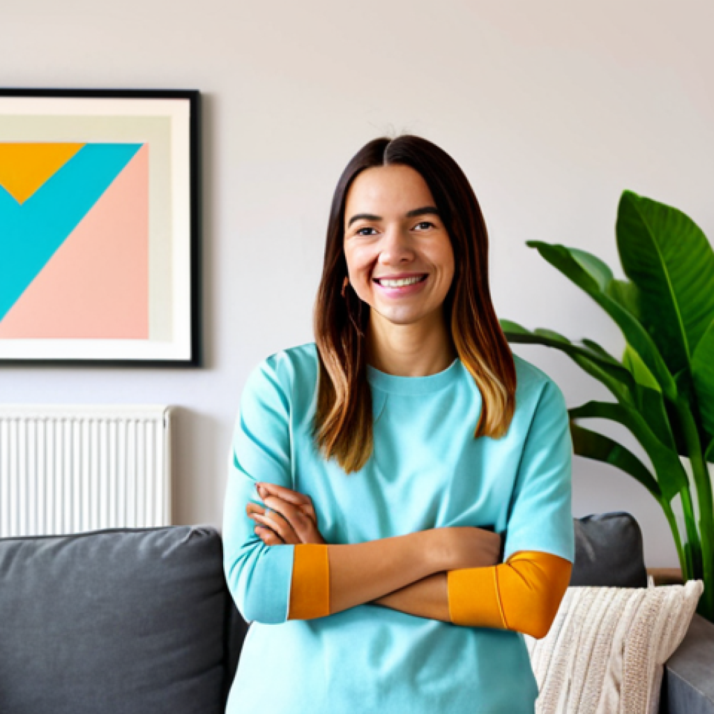 DIY Wall Art**
"A bright, family-friendly living room with a focus on a DIY geometric wall painting in pastel colors. A young woman, fully clothed in a modest, casual outfit, is smiling and holding a paintbrush. The room is decorated with plants and simple, modern furniture. Safe for work, appropriate content, professional quality, perfect anatomy, natural pose, well-formed hands, proper finger count."
**