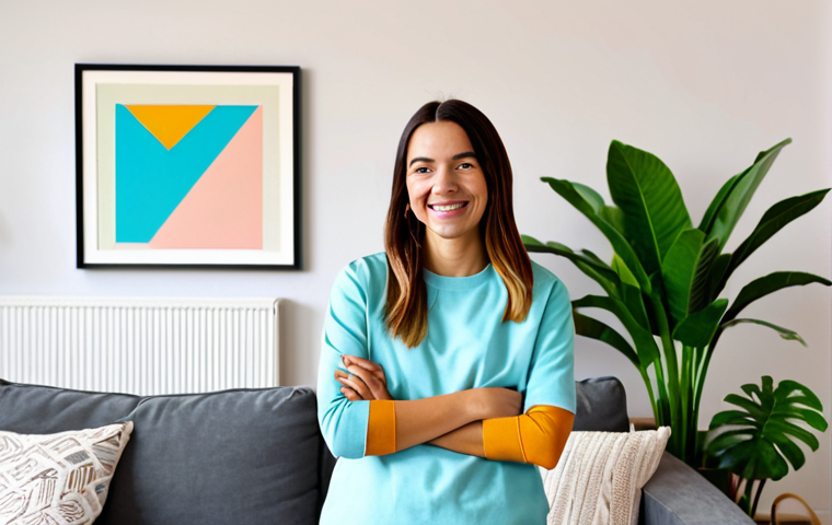 DIY Wall Art**

"A bright, family-friendly living room with a focus on a DIY geometric wall painting in pastel colors. A young woman, fully clothed in a modest, casual outfit, is smiling and holding a paintbrush. The room is decorated with plants and simple, modern furniture. Safe for work, appropriate content, professional quality, perfect anatomy, natural pose, well-formed hands, proper finger count."

**
