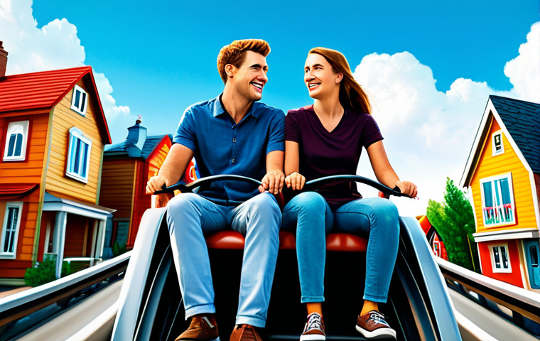 주택 구매의 심리적 준비 및 마인드셋 - Emotional Rollercoaster**

A young couple, fully clothed in casual, modern attire, sitting on a styl...