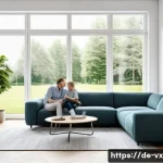 Home 22 주택 구매를 위한 가상 투어 활용법 - A modern German family comfortably sitting on a couch in a bright living room, using a laptop to exp...