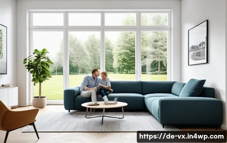 주택 구매를 위한 가상 투어 활용법 - A modern German family comfortably sitting on a couch in a bright living room, using a laptop to exp...