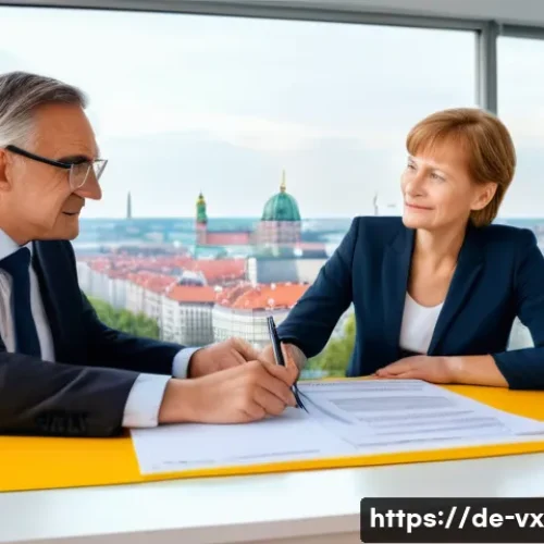 Home 33 주택 구매 시 계약 조건의 중요성 - A detailed scene of a modern German real estate contract signing in a bright office setting, featuri...