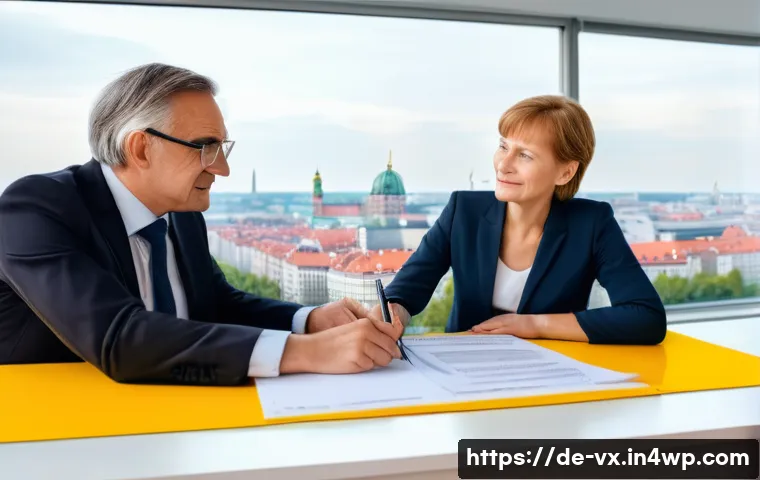 주택 구매 시 계약 조건의 중요성 - A detailed scene of a modern German real estate contract signing in a bright office setting, featuri...