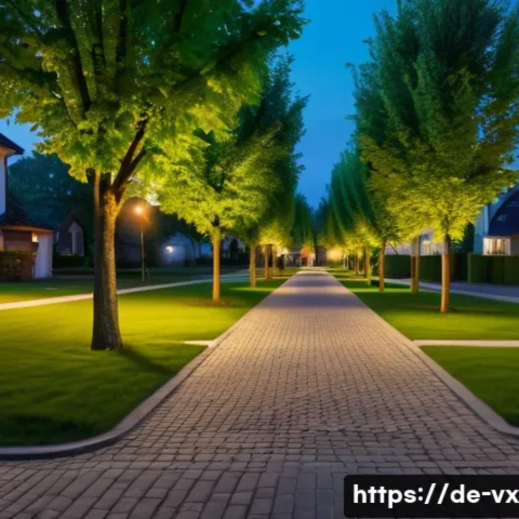주택 구매 시 지역 사회의 안전성 평가 - A peaceful German suburban neighborhood at dusk, well-lit streets with modern street lamps casting w...