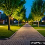 Home 20 주택 구매 시 지역 사회의 안전성 평가 - A peaceful German suburban neighborhood at dusk, well-lit streets with modern street lamps casting w...