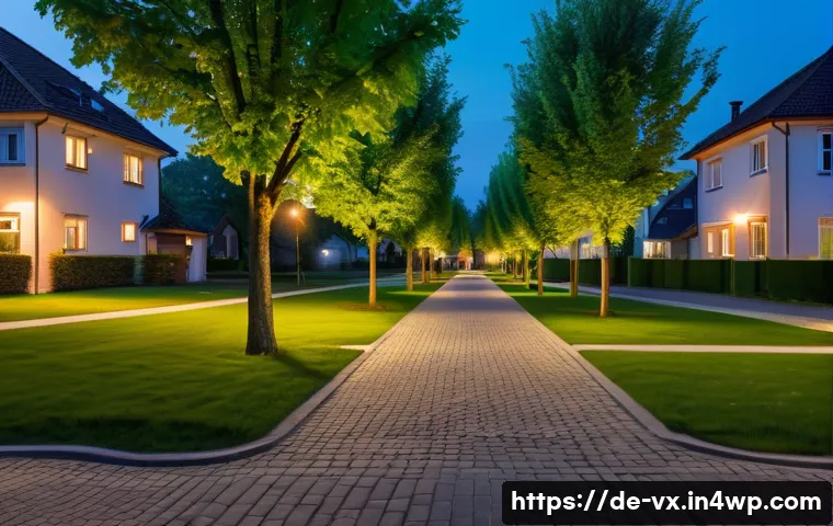 주택 구매 시 지역 사회의 안전성 평가 - A peaceful German suburban neighborhood at dusk, well-lit streets with modern street lamps casting w...