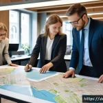 Home 19 주택 구매 시 향후 개발 계획 조사하기 - A detailed urban planning office scene in a modern German city, showing a group of diverse adults at...